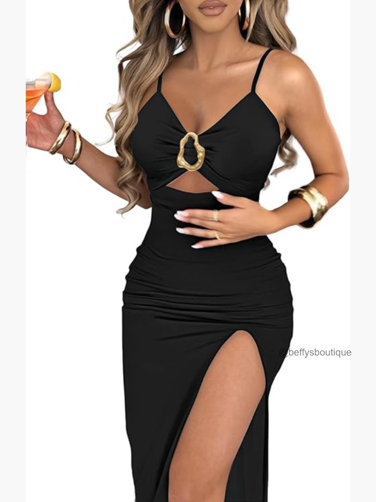 Bodycon Midi Dress With Cut-Out Waist High Slit V-Neck Spaghetti Straps